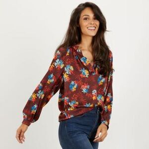 Tucker Long Sleeve Polo Blouse Sunkissed Autumn Floral Silk